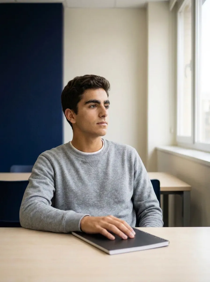 El mismo estudiante del inicio, sentado con el cuaderno cerrado y la mirada tranquila hacia la ventana.