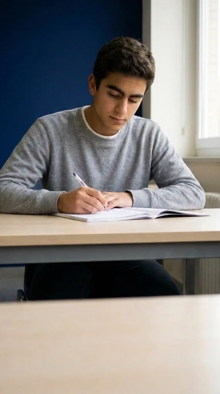 Un estudiante escribe en su cuaderno junto a la ventana de una sala de estudio con luz de día.