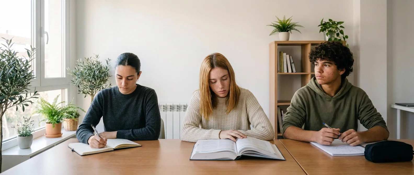 Tres estudiantes trabajan en la misma sala, cada uno en su mesa: una escribe concentrada, otra se inclina sobre un libro abierto y el tercero, con el bolígrafo en la mano, mira fuera de plano.